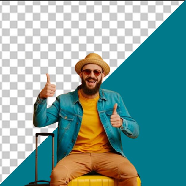 PSD a man wearing a yellow shirt and a blue jacket with the word thumbs up ontransparent background