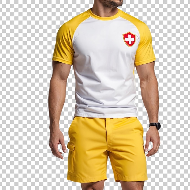 PSD a man wearing a yellow shirt with the word im on it isolated on transparent background