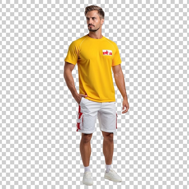 PSD a man wearing a yellow shirt with the word im on it isolated on transparent background