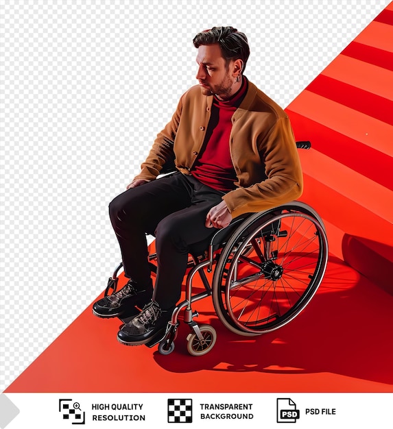 PSD man in a wheelchair with red background and transparent background