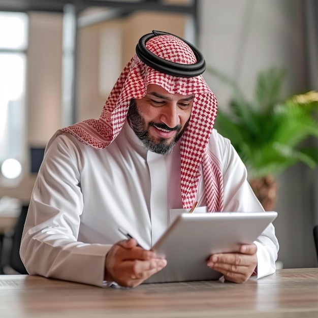 PSD a man in a white shirt and a black and red checkered shirt is using a tablet