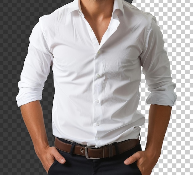 PSD a man in a white shirt and brown belt is standing with his hands on his hips stock png