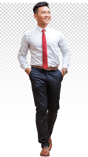 a man in a white shirt and red tie stands in front of a computer screen