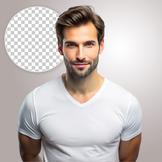 A man in a white shirt stands in front of transparent background