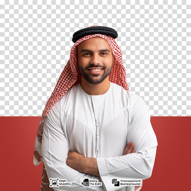 PSD a man in a white shirt with a red background with a picture of a man in a hijab