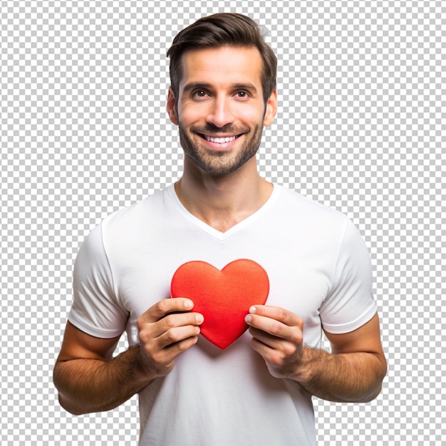 PSD man in white t shirt holding red heart