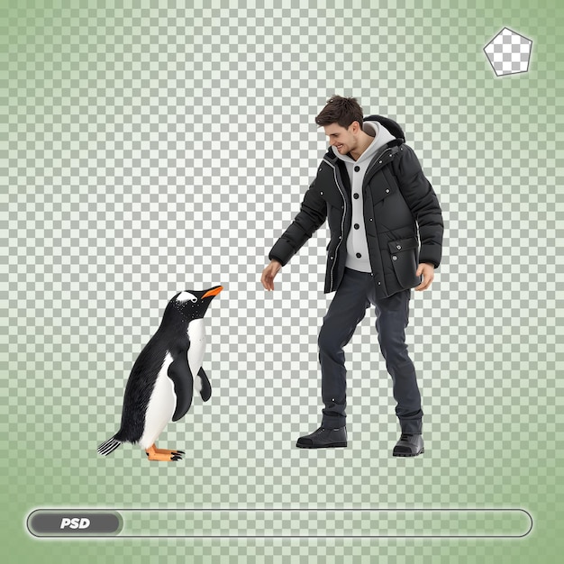 Man in winter jacket interacting with penguin Isolated on transparent background