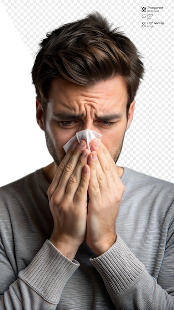 Man with allergy symptoms sneezing into tissue on a transparent background