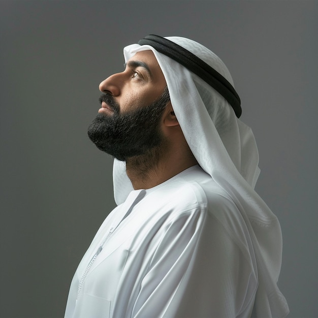 a man with a beard and a black hat is standing in a grey background