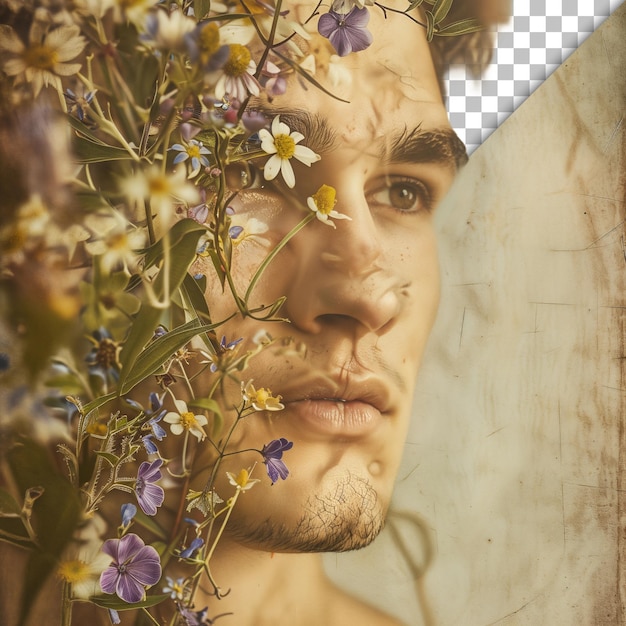 a man with a beard and a bush of flowers in front of him