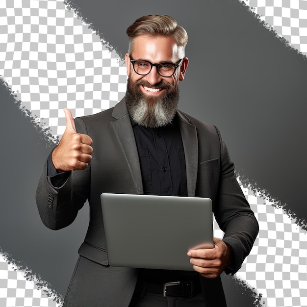 PSD a man with a beard and glasses holds a laptop with a thumbs up.