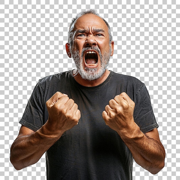 PSD a man with a beard and gray hair is standing with his hands raised in the air