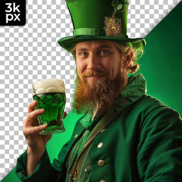 a man with a beard and a green beer in his hand