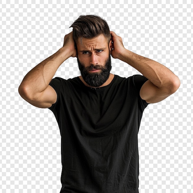 PSD man with beard holding his head in frustration