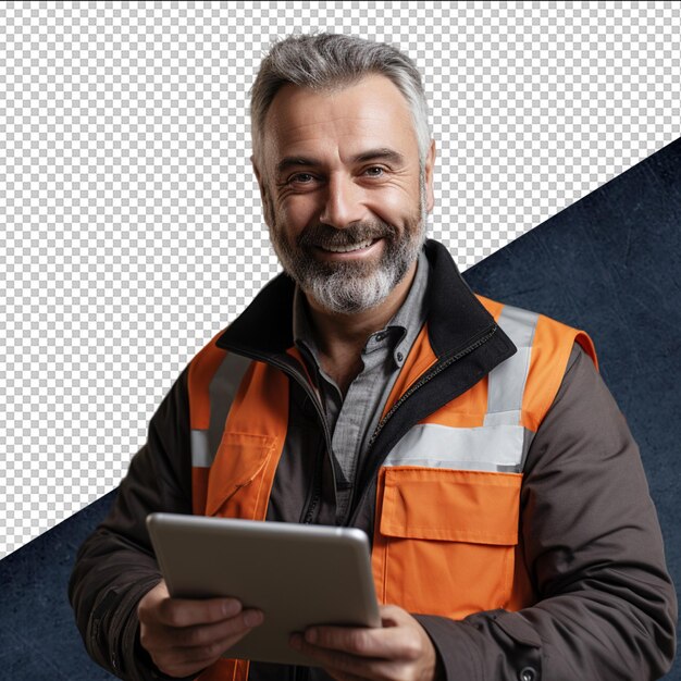 PSD a man with a beard is holding a tablet with a white background