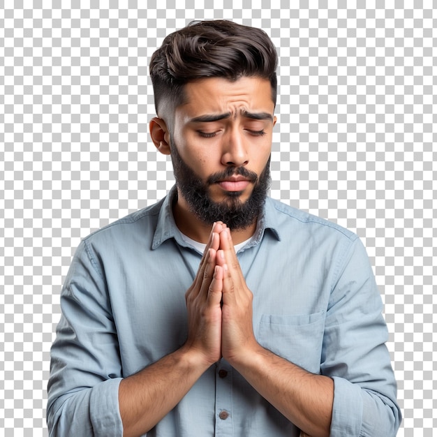 PSD a man with a beard and mustache is praying with his hands together isolated on transparent backgroun