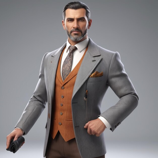 a man with a beard and a pocket square is holding a gun