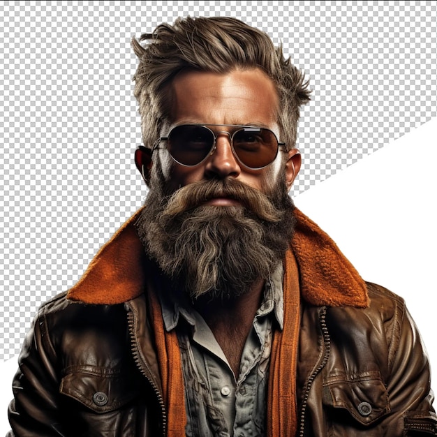 PSD a man with a beard and sunglasses on his face is wearing a brown leather jacket