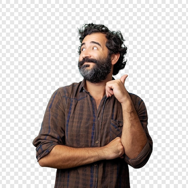 PSD man with beard thinking and pointing