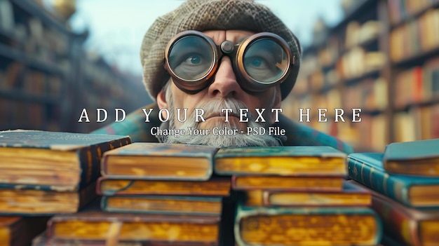 man with binoculars on the top of a tower of books