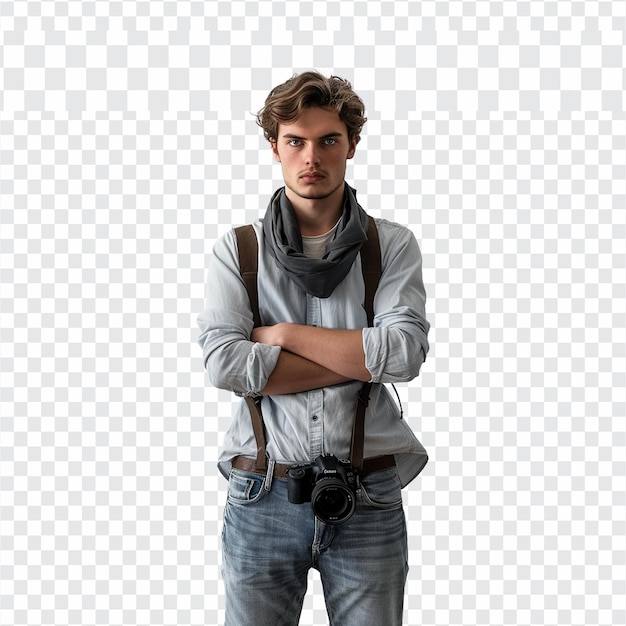 PSD a man with a camera on his chest stands in front of a checkered background