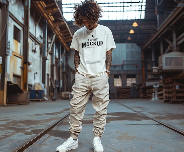 PSD a man with curly hair wearing a white tshirt and beige pants standing in an industrial building