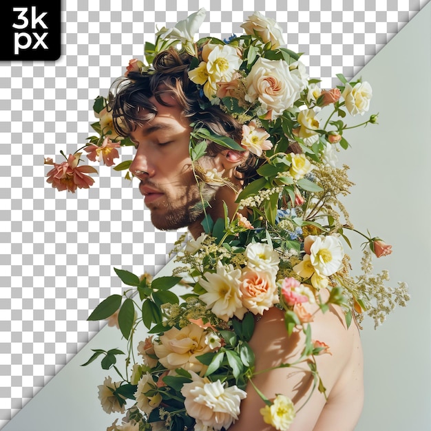 a man with flowers around his neck is covered in flowers