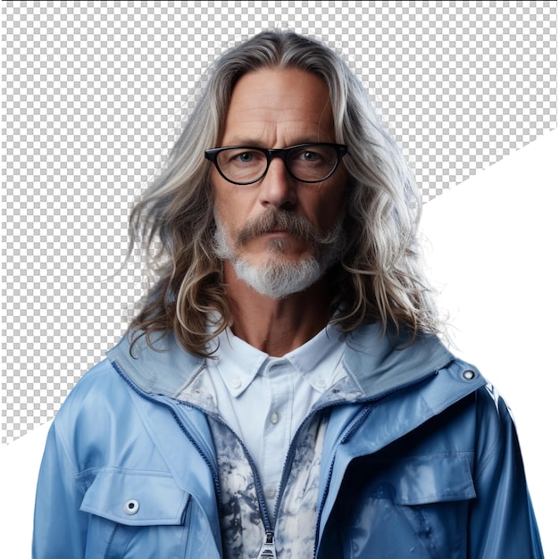 a man with glasses and a blue jacket is standing in front of a white background