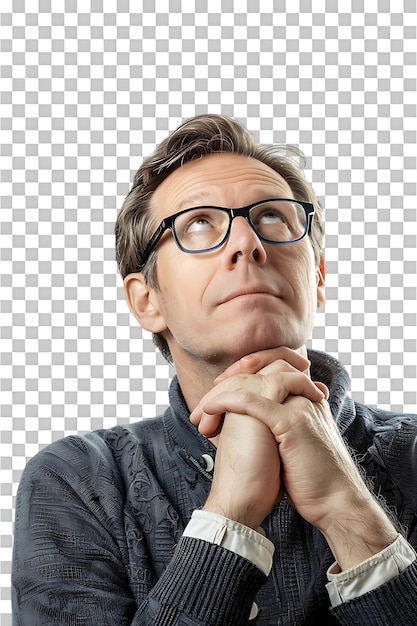 PSD man with glasses thinking isolated against a transparent background