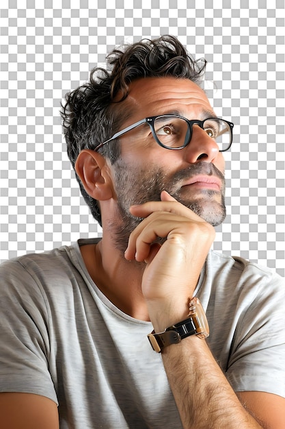 PSD man with glasses thinking isolated against a transparent background