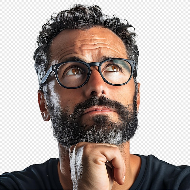 PSD man with glasses thinking on isolated transparent background