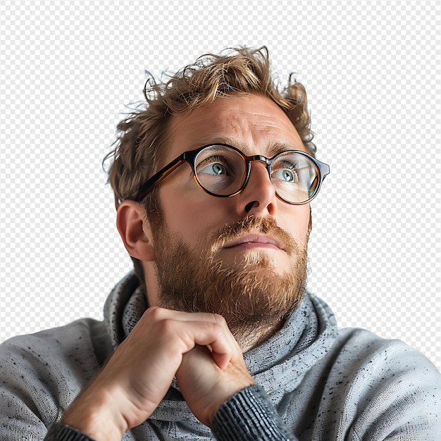 PSD man with glasses thinking on isolated transparent background