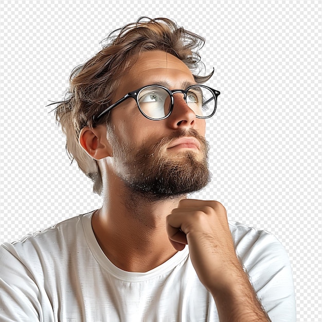 Man with glasses thinking on isolated transparent background