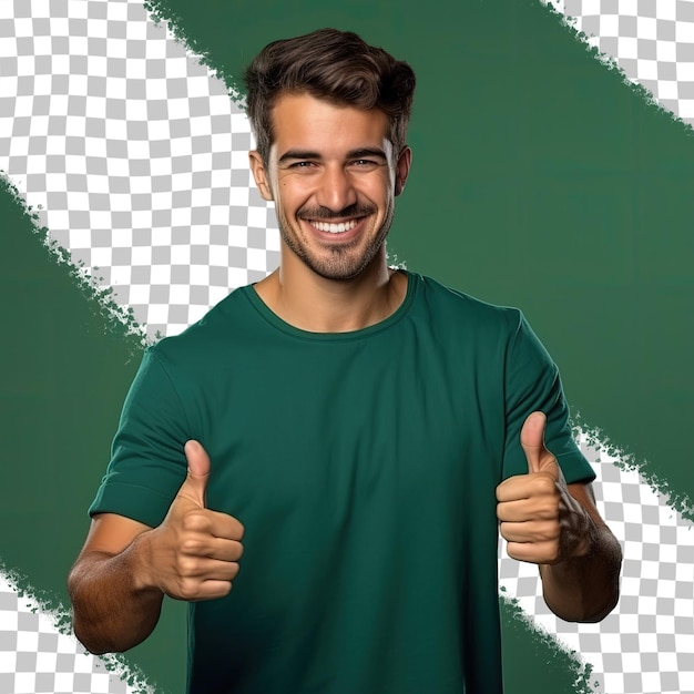 a man with a green shirt that says " thumbs up ".