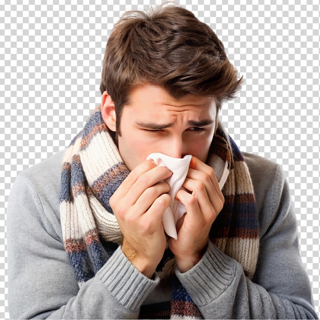 PSD man with a handkerchief health problem flu symptoms on transparent