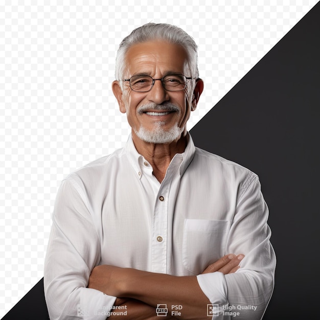 a man with his arms crossed and a black background with a picture of a man wearing glasses.