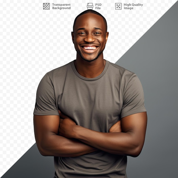 a man with his arms crossed and a black man in a grey shirt is smiling.