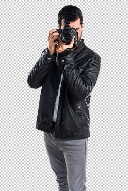 Man with leather jacket photographing