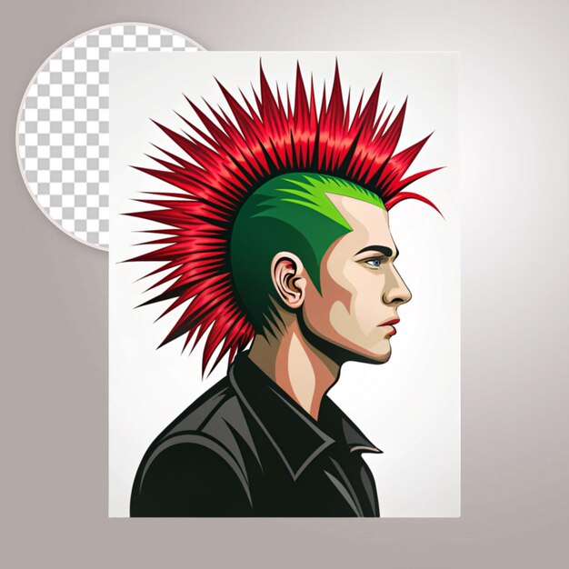 A man with a mohawk and blue hair with the word devil on it on transparent background