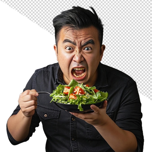 a man with a mouth full of salad and a sandwich in front of him