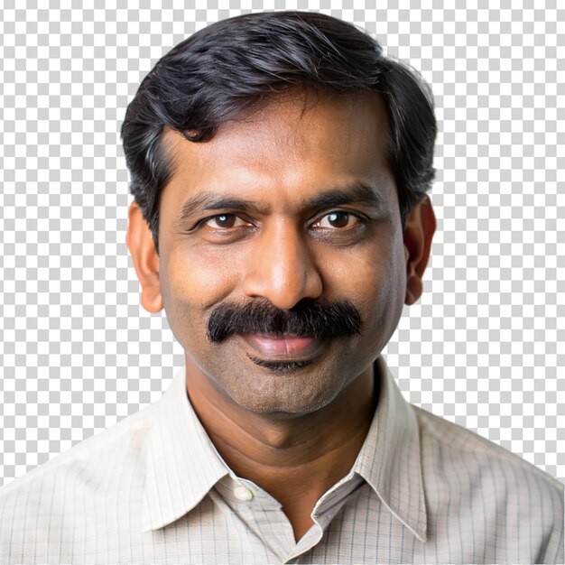 A man with a mustache smiling for the camera on transparent background