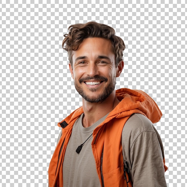 PSD a man with a orange shirt and a backpack on his back isolated on transparent background