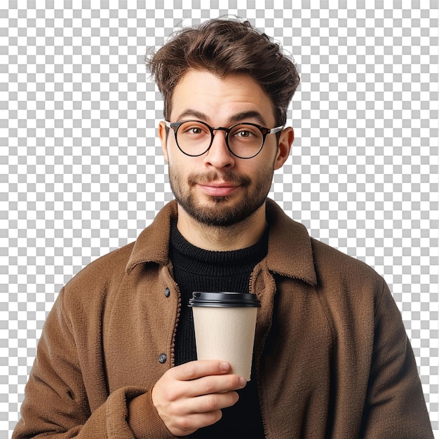 PSD man with paper cup of coffee isolated on transparent