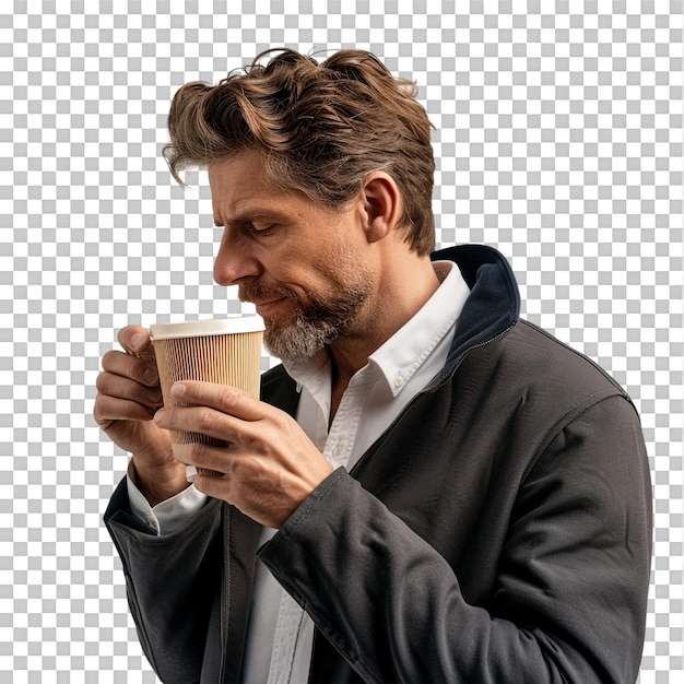 PSD man with paper cup of coffee isolated on transparent