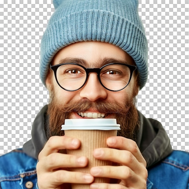 PSD man with paper cup of coffee isolated on transparent