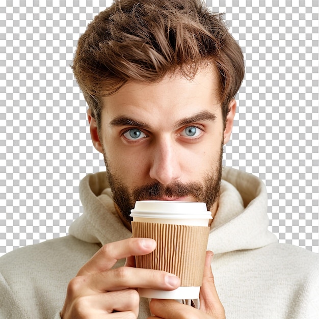 PSD man with paper cup of coffee isolated on transparent