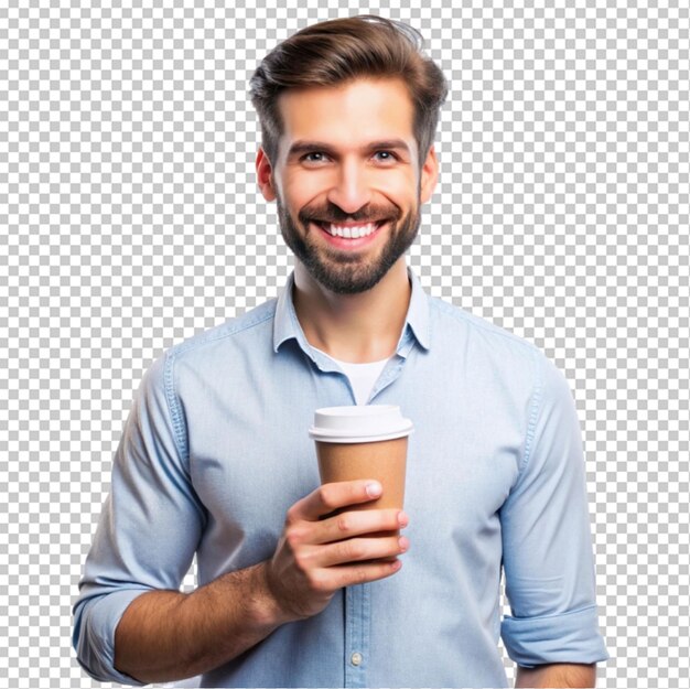 PSD man with paper cup of coffee on transparent background