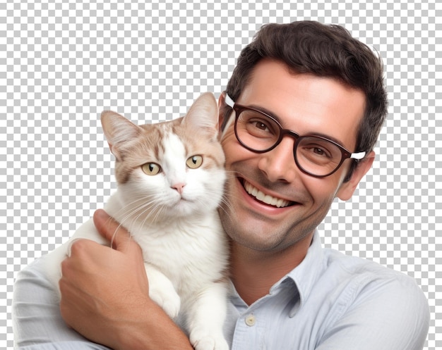 PSD man with pet cat isolated on transparent background