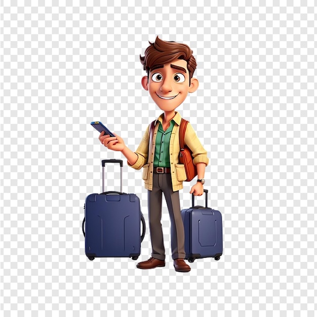 a man with a phone and a bag of luggage