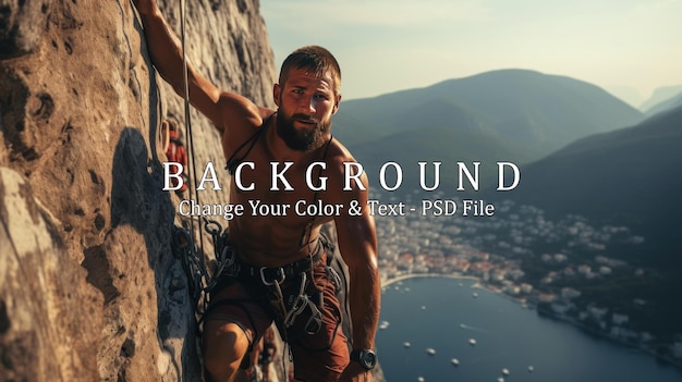 PSD man with a rope engaged in the sports of rock climbing on the rock